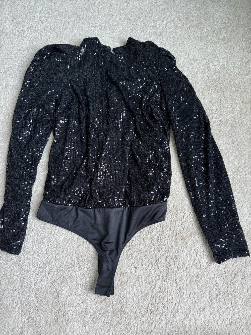 Black Sequin Long-Sleeve One-Piece Bodysuit